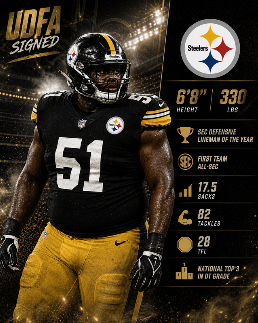 SEC Defensive Lineman of the Year Young DT Talent Goes Undrafted (UDFA), Signs 'Lifetime' Contract with the Steelers - Extremely Rare 6’8”, 330-lb Frame Makes Him the 'Unstoppable Wall' for Pittsburgh