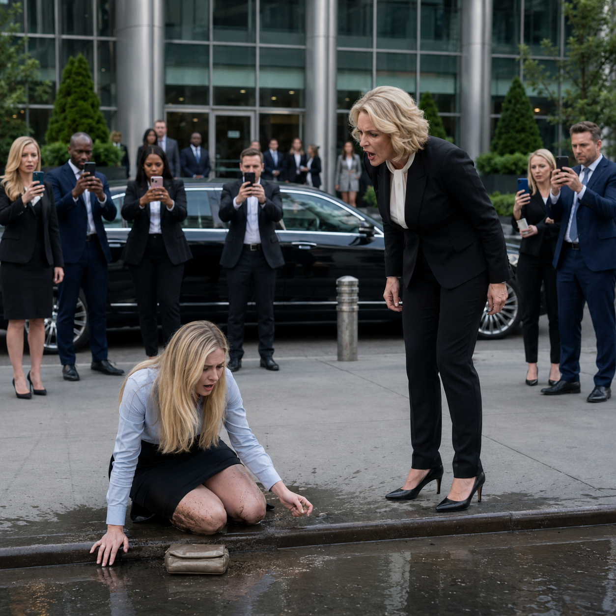 10T A Rich Mother Pushed Her Into a Dirty Puddle… Seconds Later, the Whole Sidewalk Froze