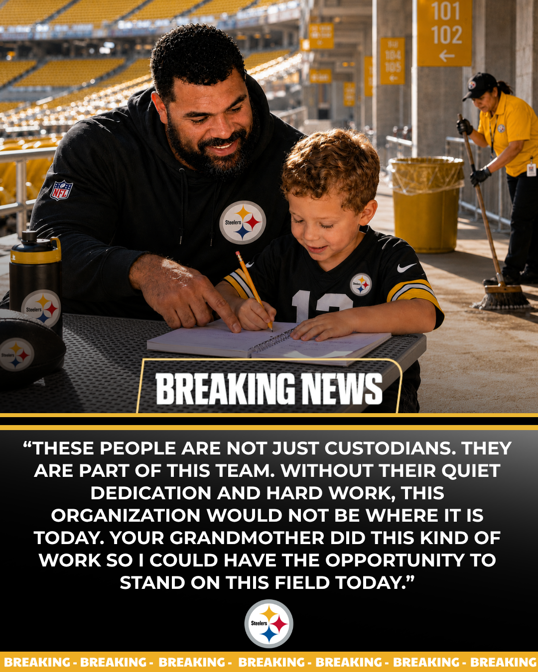 A Priceless Lesson at Acrisure Stadium: One Simple Action by Cameron Heyward Toward His Son and a Stadium Custodian Redefined the Meaning of True Character — A Real Leader Excels Far Beyond the Football Field
