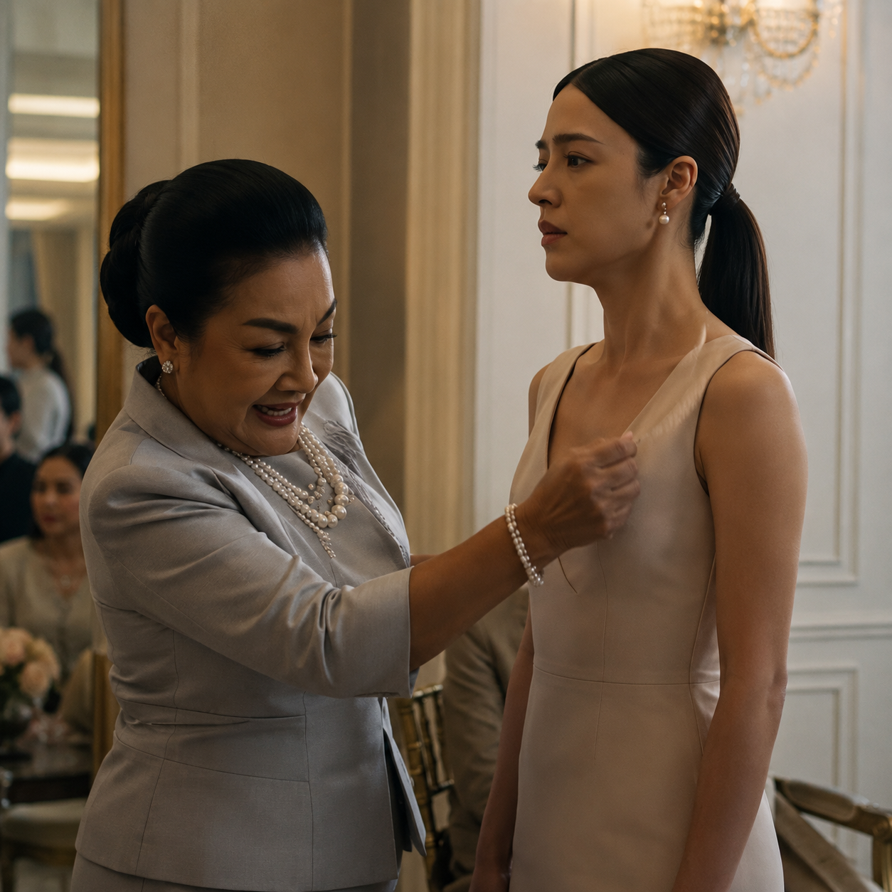 105G แม่สามีดึงสร้อยไข่มุกขาดกลางงาน… แต่ไม่รู้ว่าลูกสะใภ้คือคนที่ประมุขเลือกไว้!