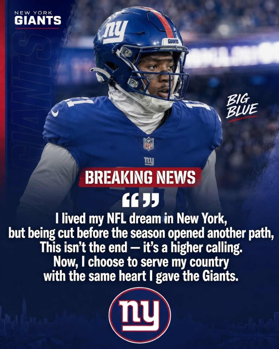 Giants Rookie Cut Before Season Retires to Join Military Service