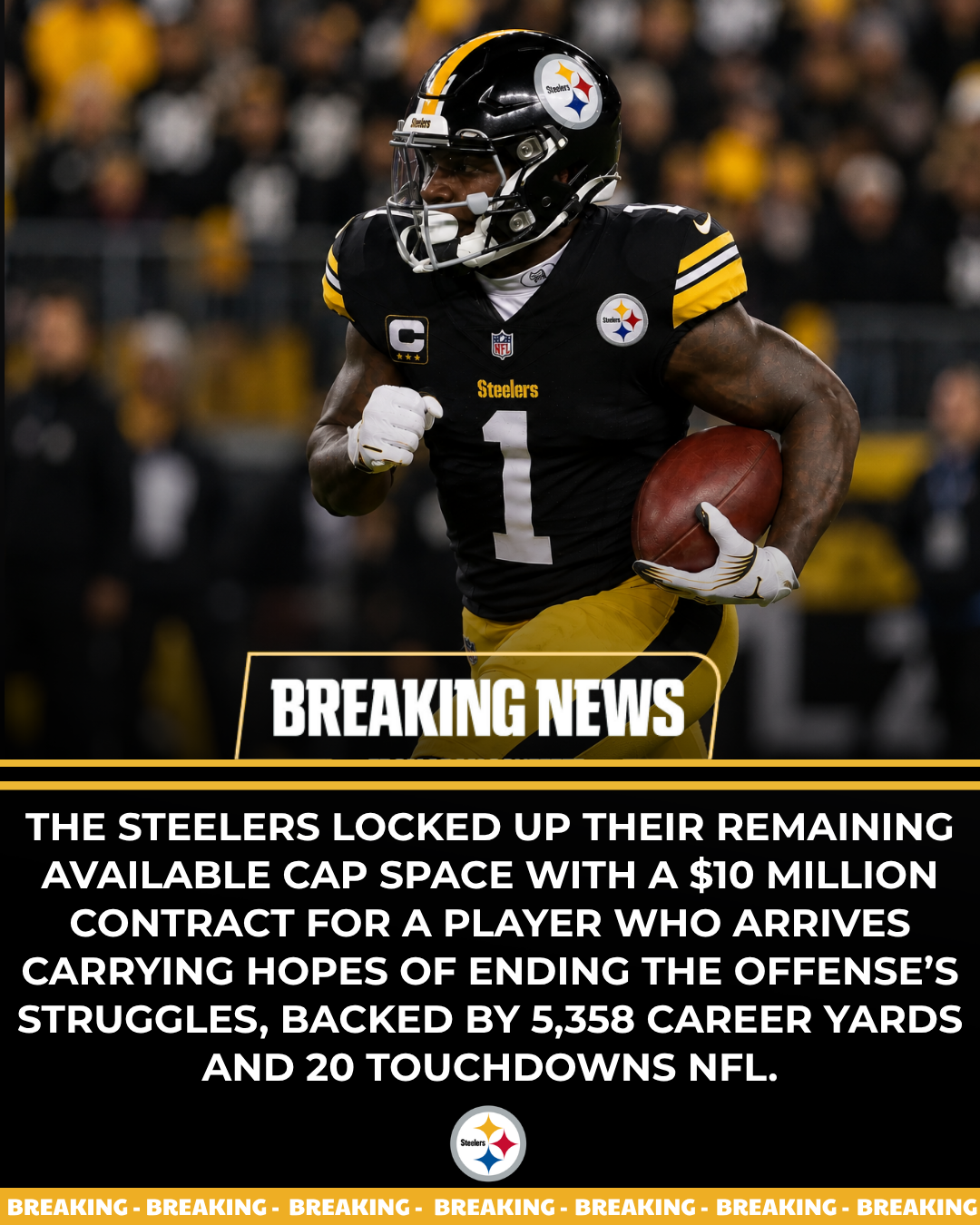 The Steelers locked up their remaining available cap space with a $10 million contract for a player who arrives carrying hopes of ending the offense’s struggles, backed by 5,358 career yards and 20 touchdowns NFL.