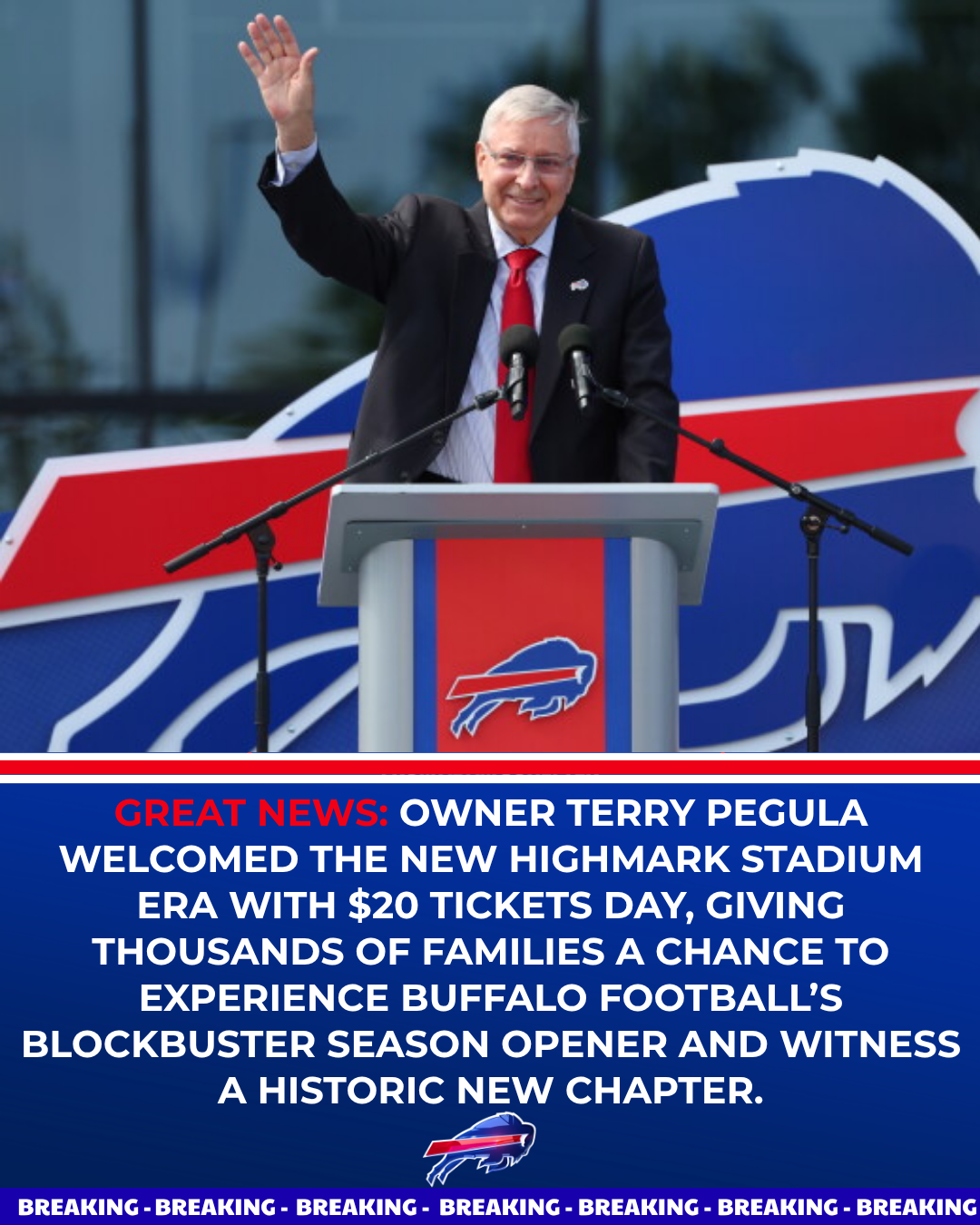 Buffalo owner Terry Pegula welcomed the New Highmark Stadium era with $20 tickets day, giving thousands of families a chance to experience Buffalo football’s blockbuster season opener and witness a historic new chapter.
