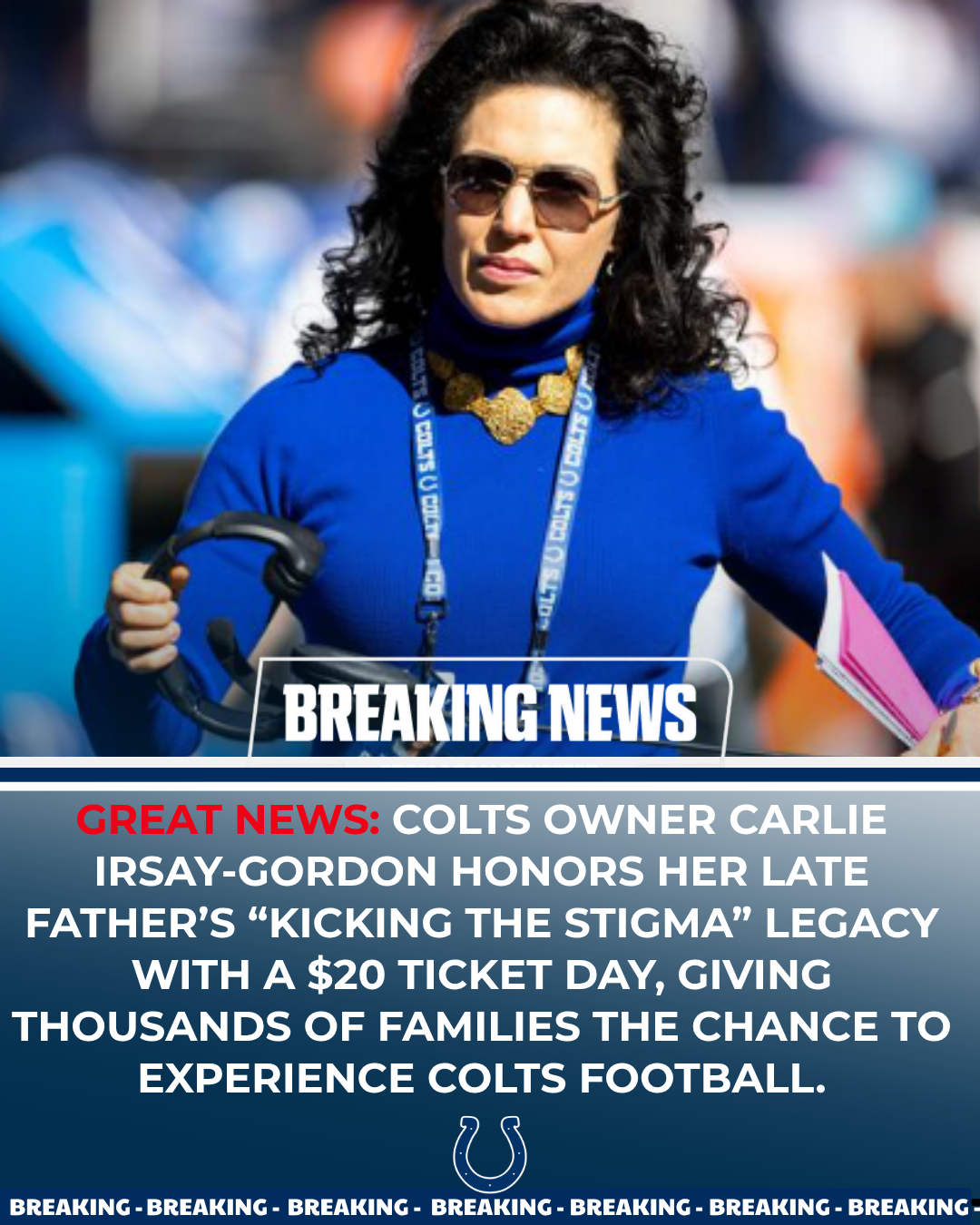 Colts Owner Carlie Irsay-Gordon honors her late father’s “Kicking The Stigma” legacy with a $20 Ticket Day, giving thousands of families the chance to experience Colts football.