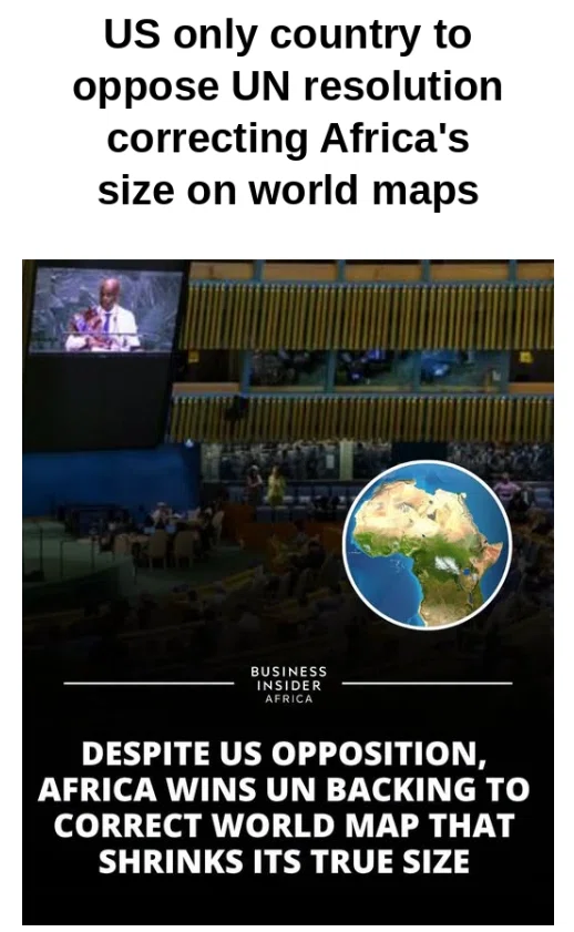 US Stands Alone as UN Overwhelmingly Backs Resolution to Correct Africa's Size on World Maps