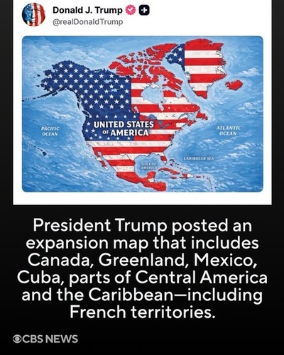 Trump Posts Expansion Map Showing Canada, Mexico, Greenland and Caribbean Under U.S. Flag