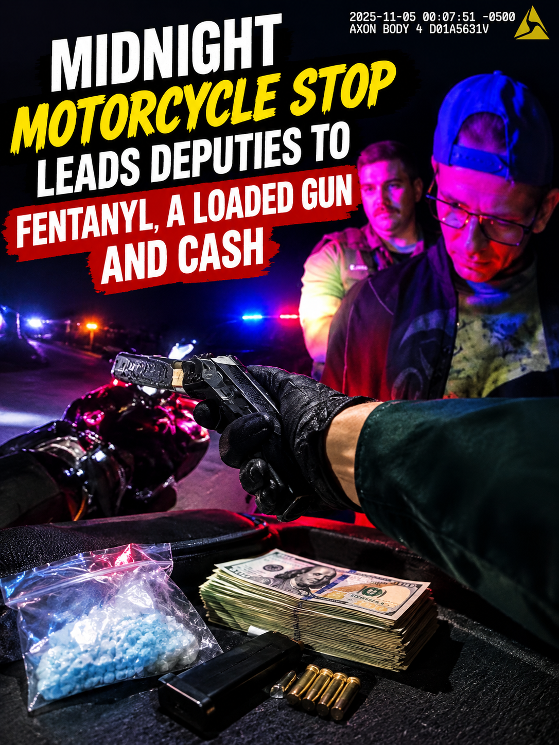 Midnight Motorcycle Stop Leads Deputies to Fentanyl, a Loaded Gun and Cash