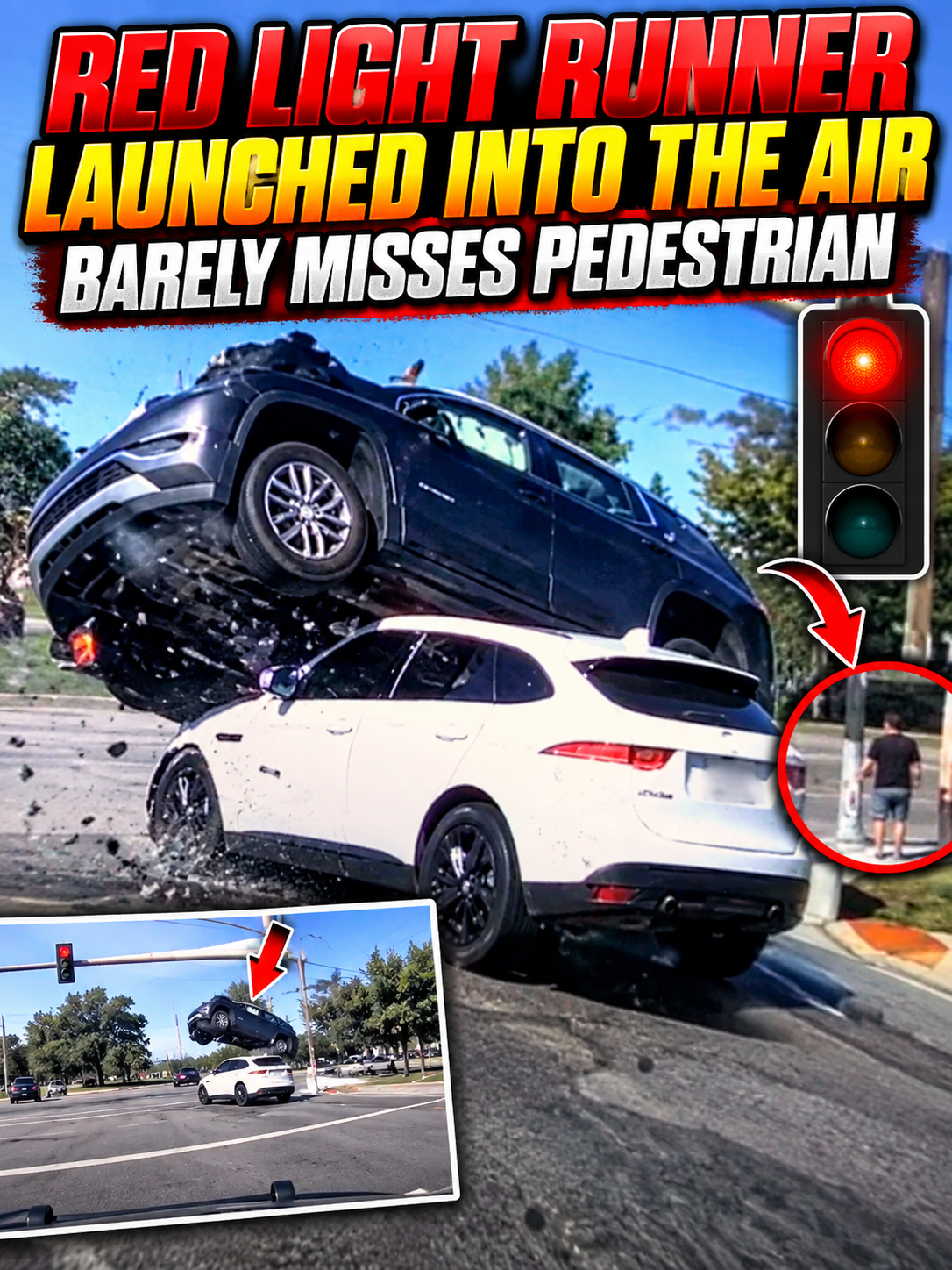 Red Light Runner Launched Into the Air, BARELY Misses Pedestrian