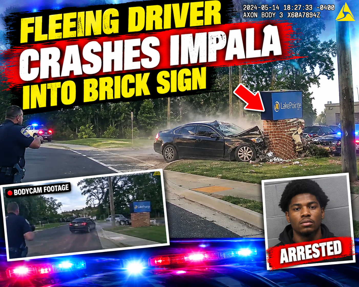 Fleeing Driver Crashes Impala Into Brick Sign