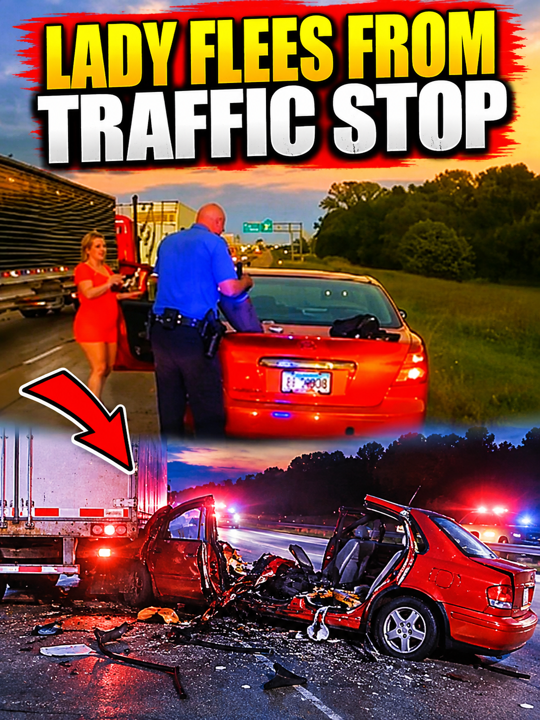 Lady Flees From Traffic Stop – Slams Into Box Truck, Splitting Car In Half!