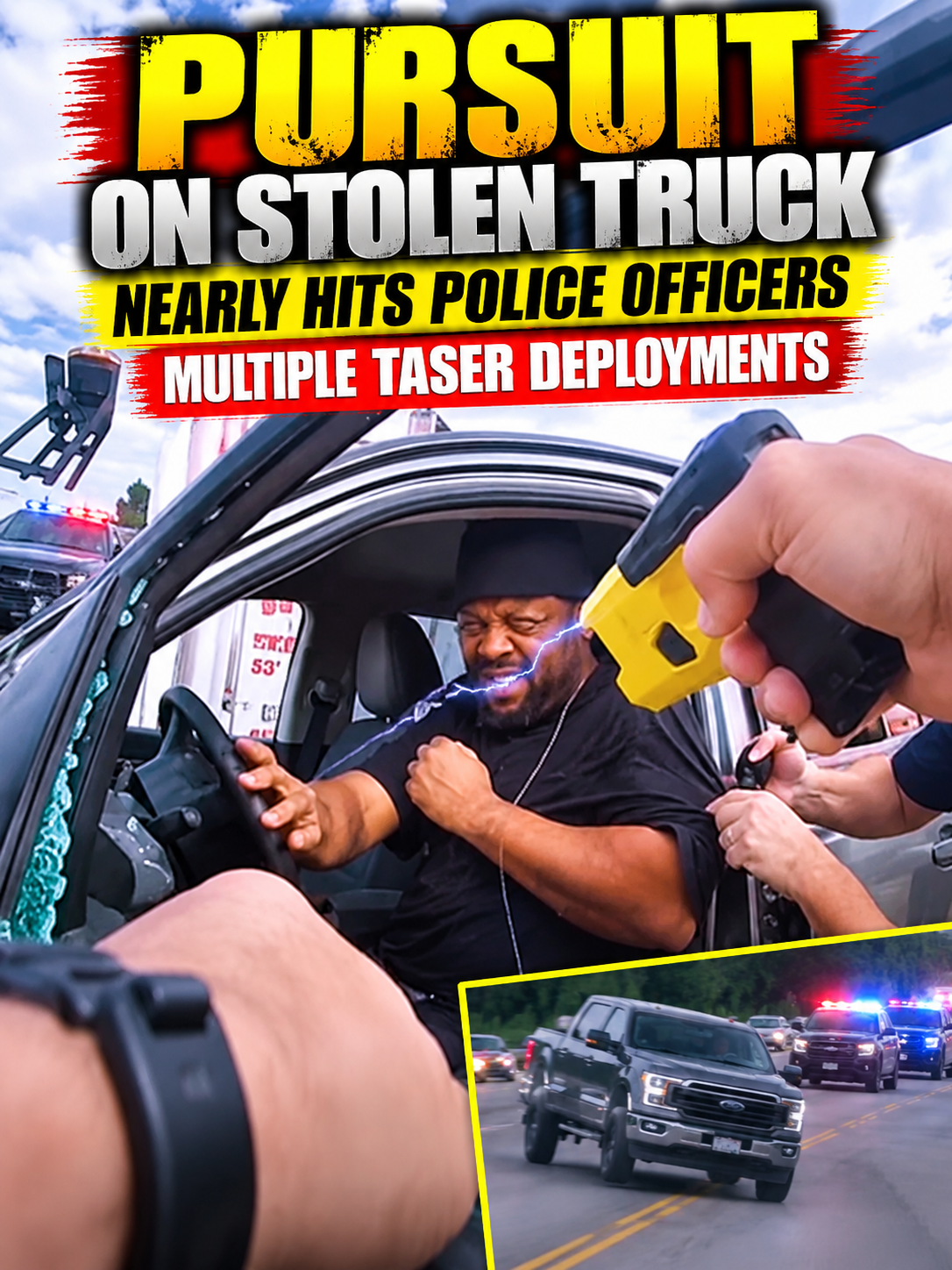 PURSUIT on stolen truck nearly hits Police Officers — Multiple TASER deployments