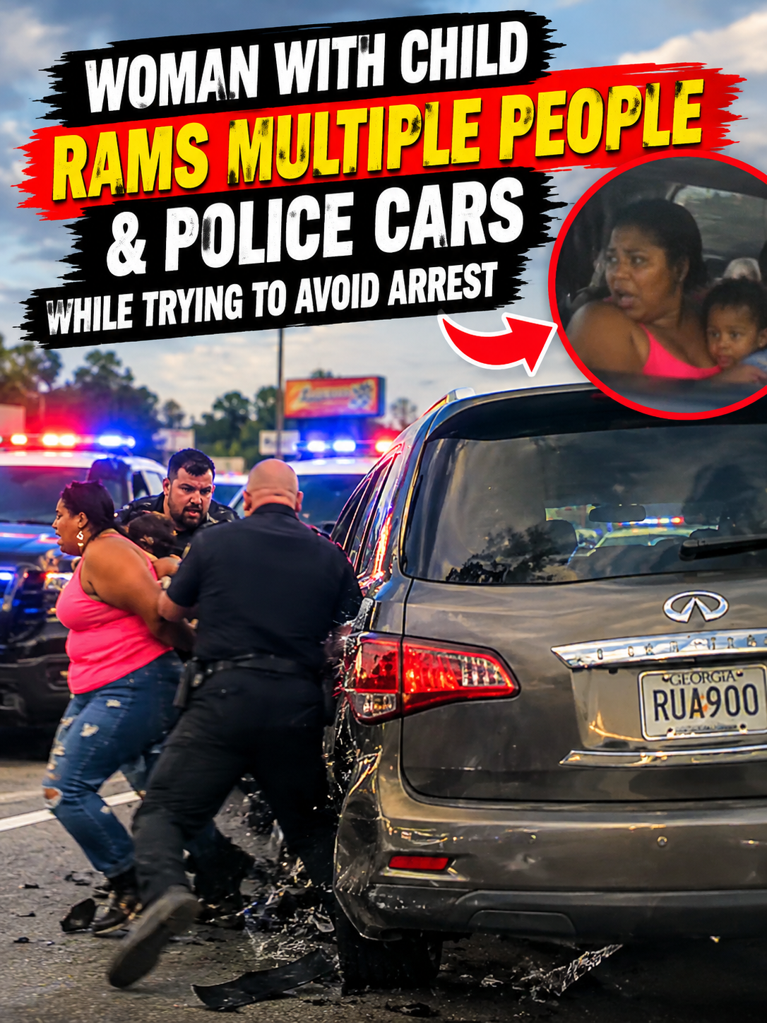 Woman With Child in Car Rams Multiple People & Police Cars While Trying to Avoid Arrest