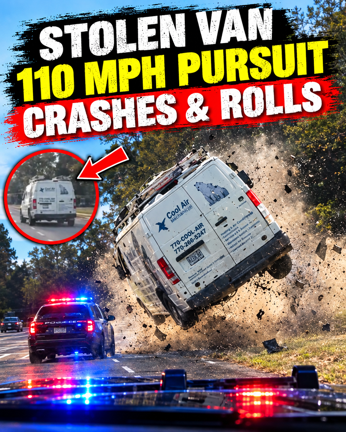Stolen Van Crashes and Rolls During 110 MPH Police Pursuit