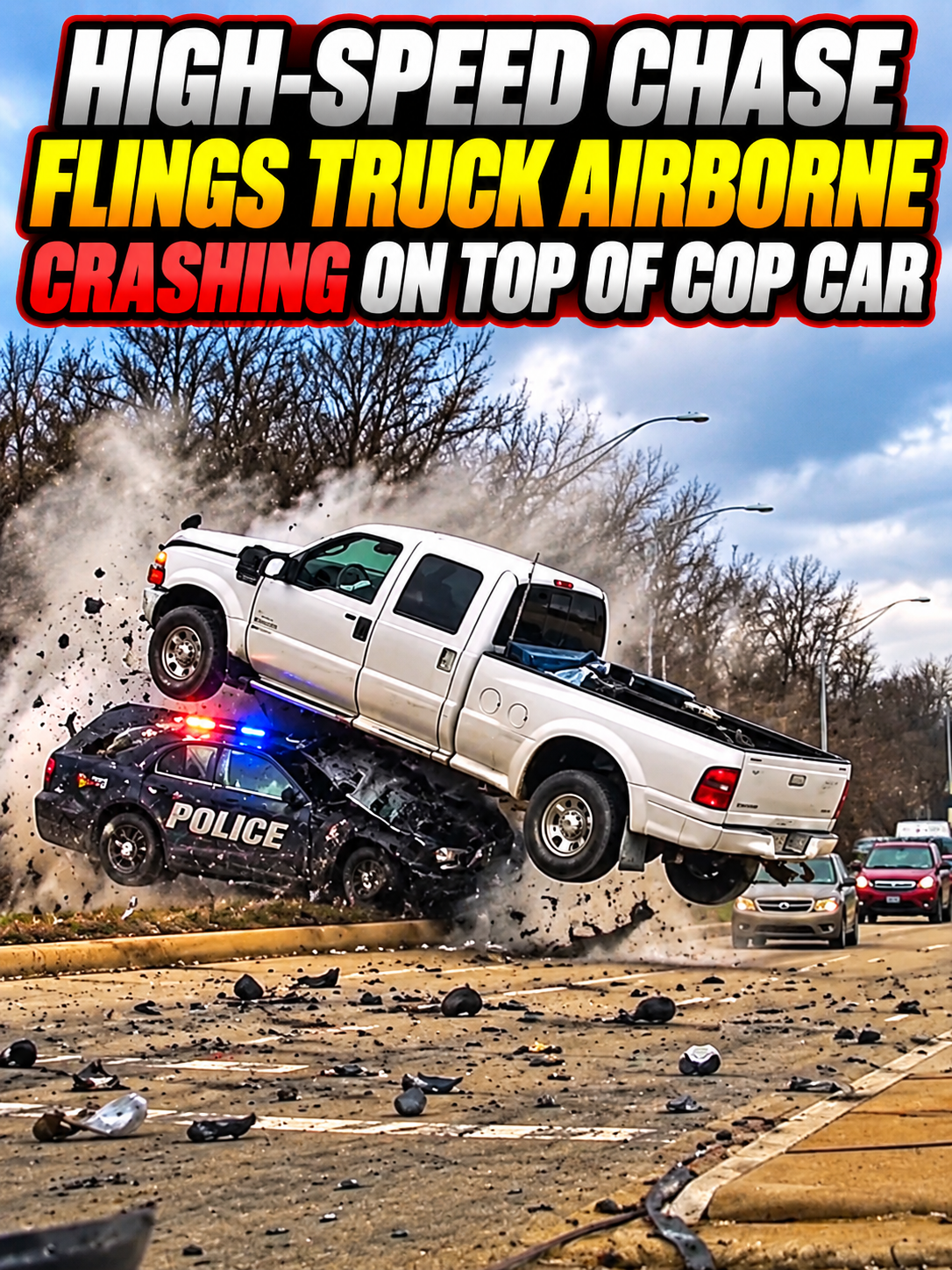 High-Speed Chase Flings Truck Airborne Crashing On Top of Cop Car