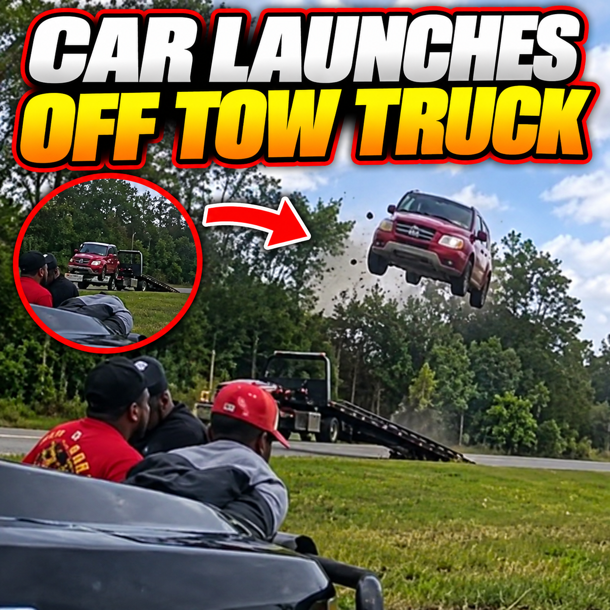Car launches off tow truck