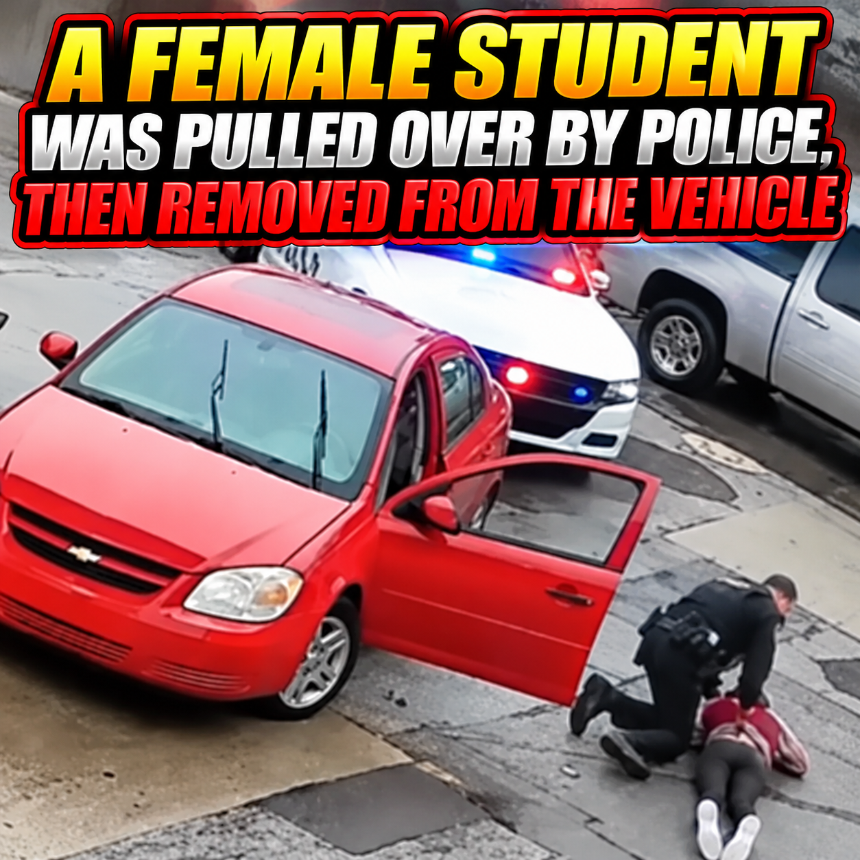 A female student was pulled over by police, then removed from the vehicle