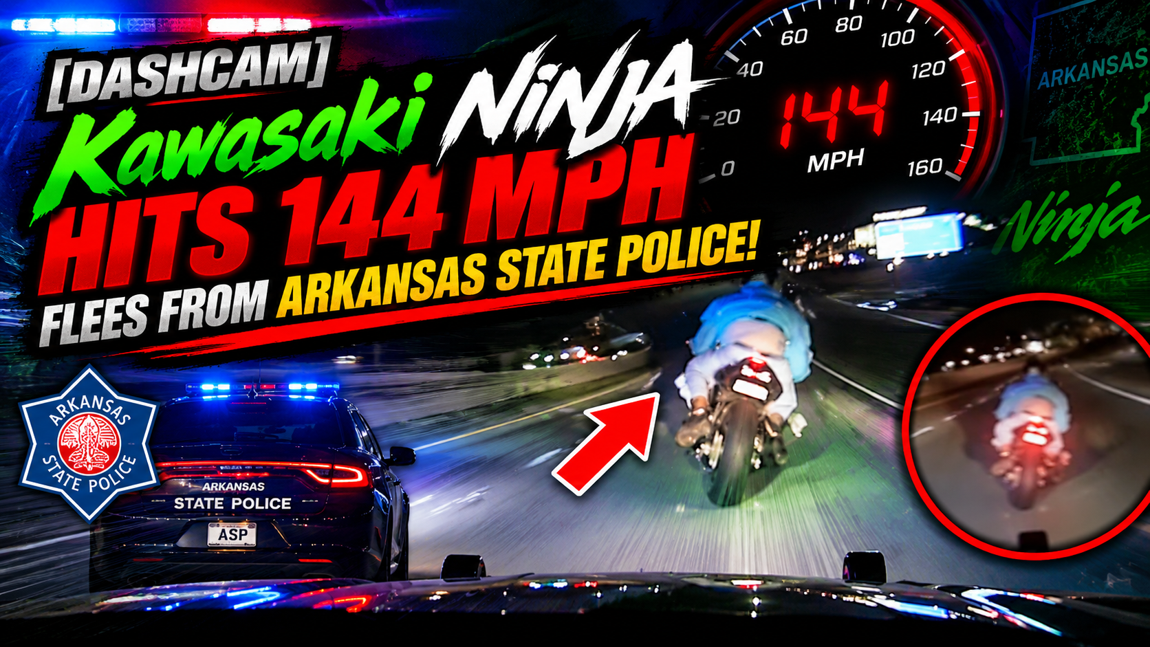 [DASHCAM] Kawasaki NINJA Hits 144 MPH Flees From Arkansas State Police!