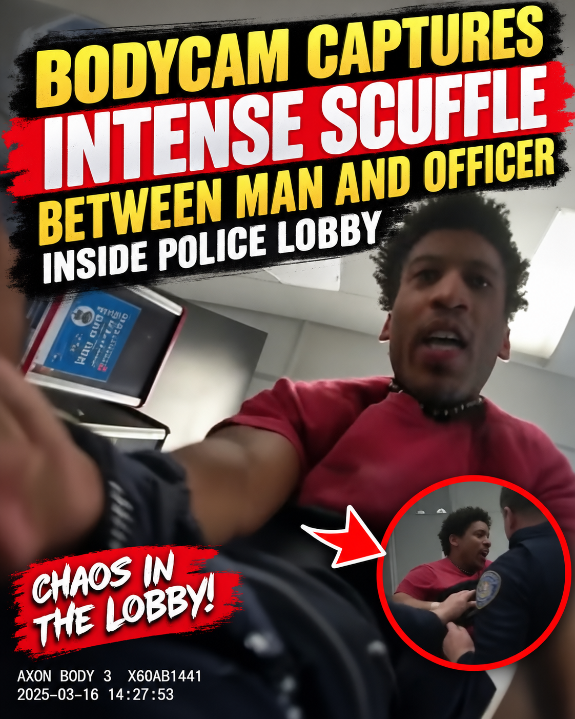 Bodycam Captures Intense Scuffle Between Man and Officer Inside Police Lobby