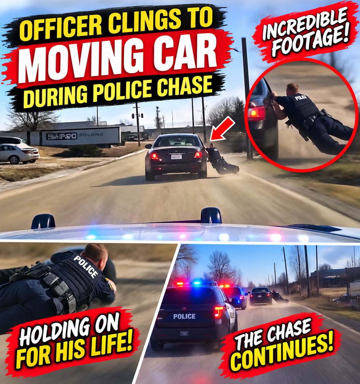 Officer Clings to Moving Car During Intense Police Chase 