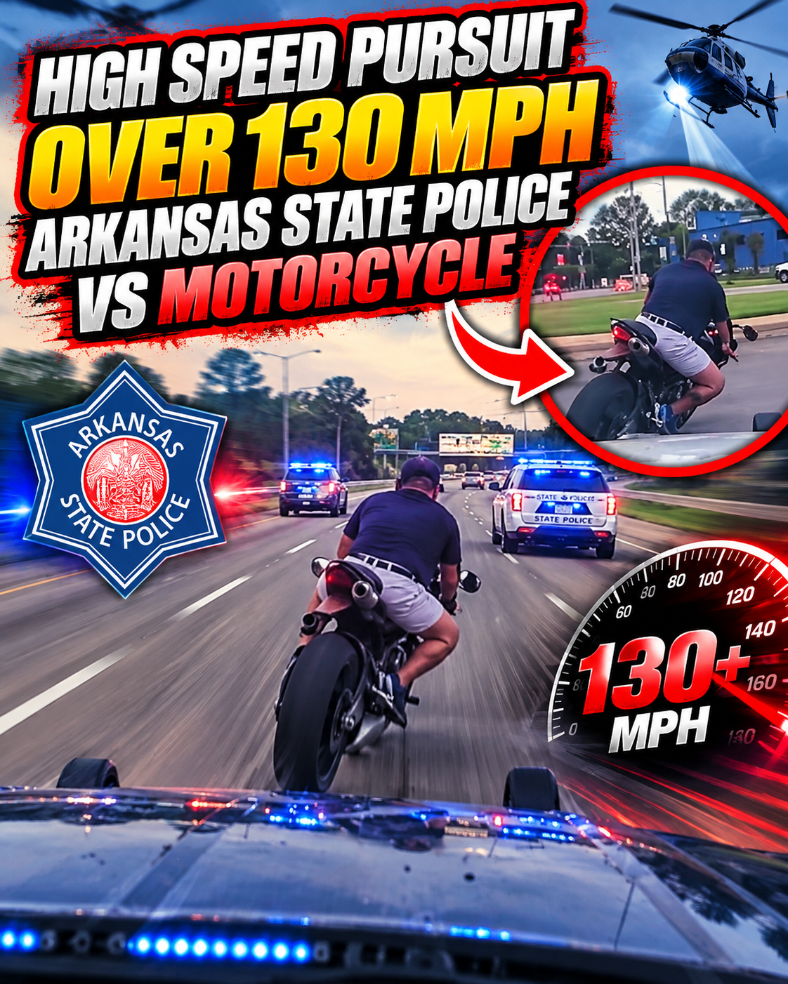high speed pursuit over 130 mph - arkansas state police vs motorcycle 