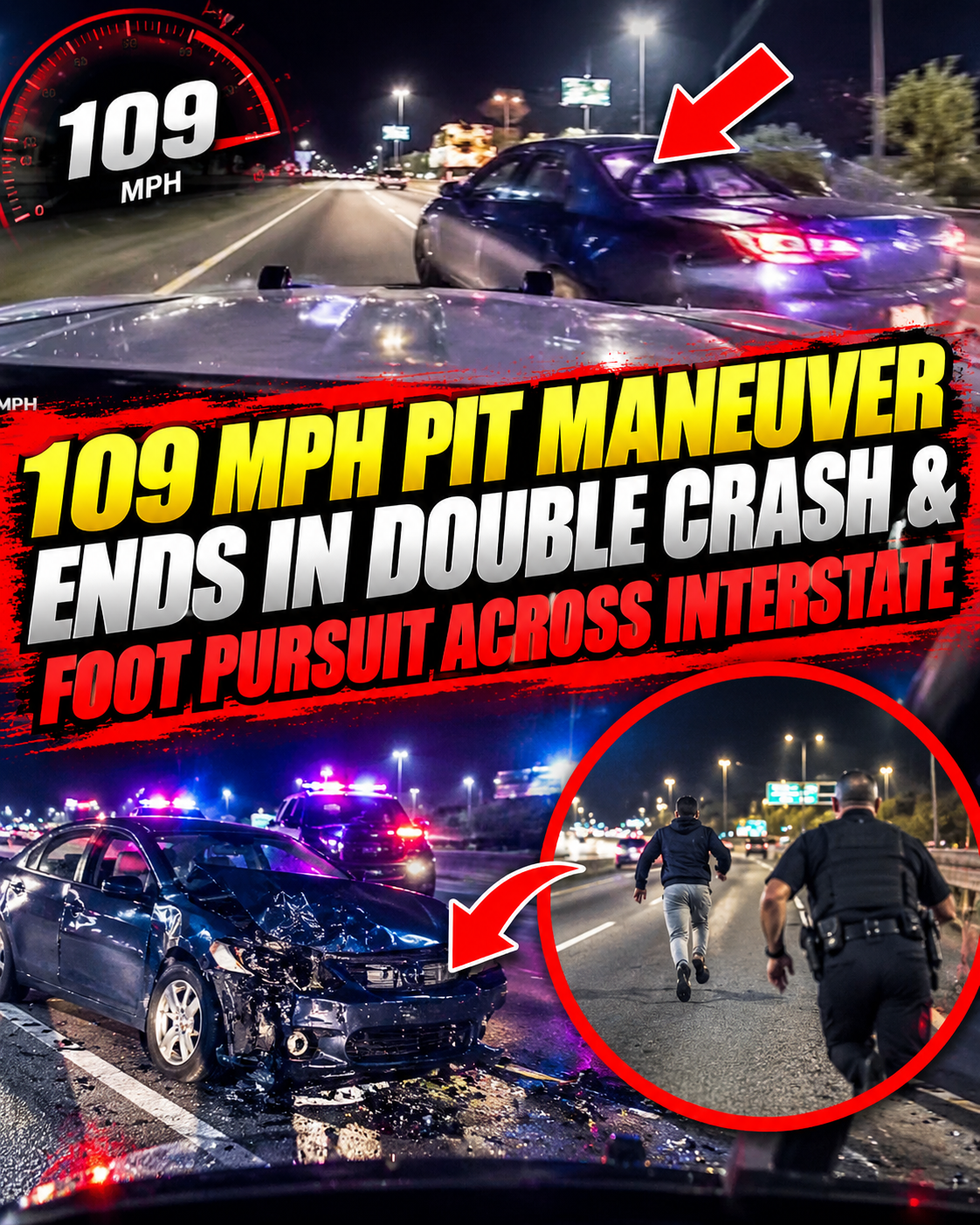 109 MPH PIT Maneuver Ends in Double Crash & Foot Pursuit Across Interstate