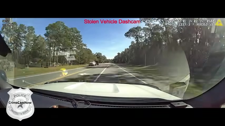 Real frame from the February 1, 2024 pursuit showing the stolen Marion County Sheriff's Office vehicle traveling at approximately 110 mph