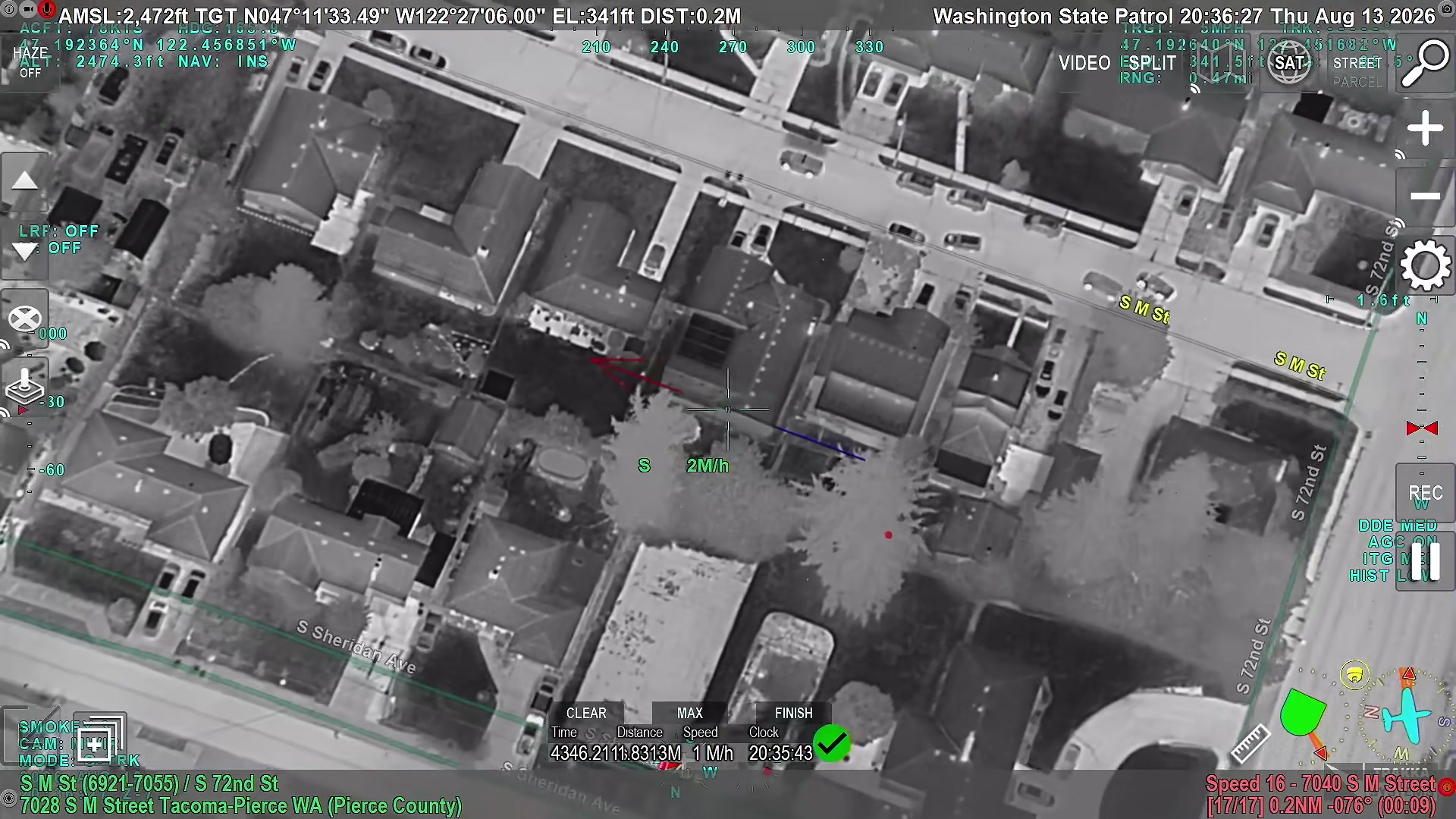 Real frame from Washington State Patrol aircraft footage searching the South M Street neighborhood for the fleeing driver