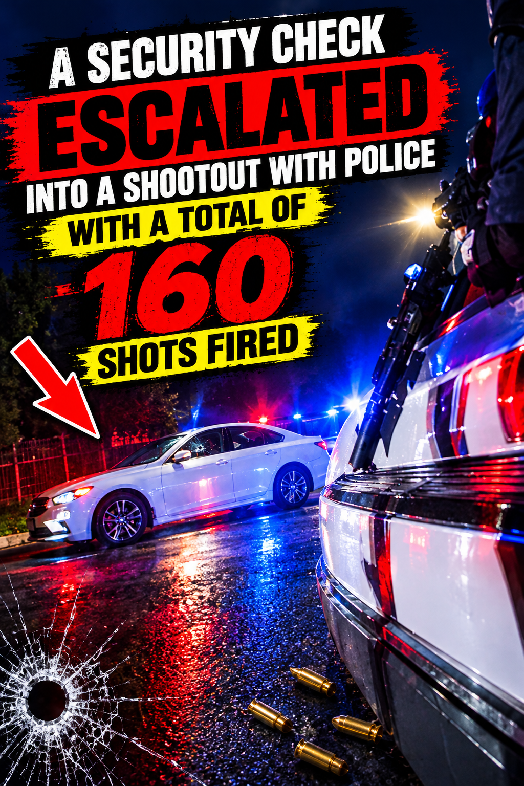 A security check escalated into a shootout with police, with a total of 160 shots fired