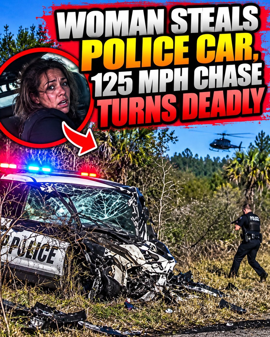 Woman steals police car; 125-mph chase ends in tragedy.