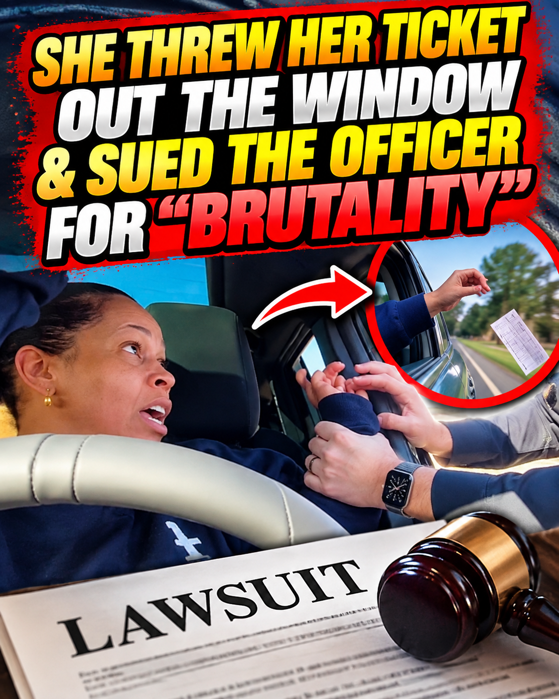 she threw her ticket out the window & sued the officer for "brutality"