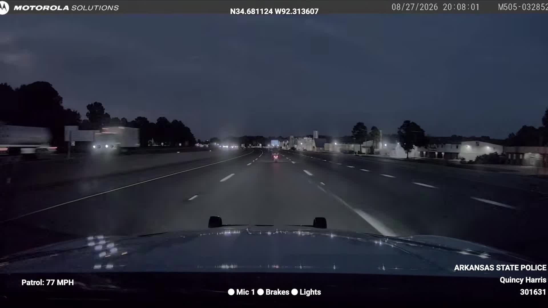 Arkansas State Police dashcam following a motorcycle in Little Rock on August 27, 2026