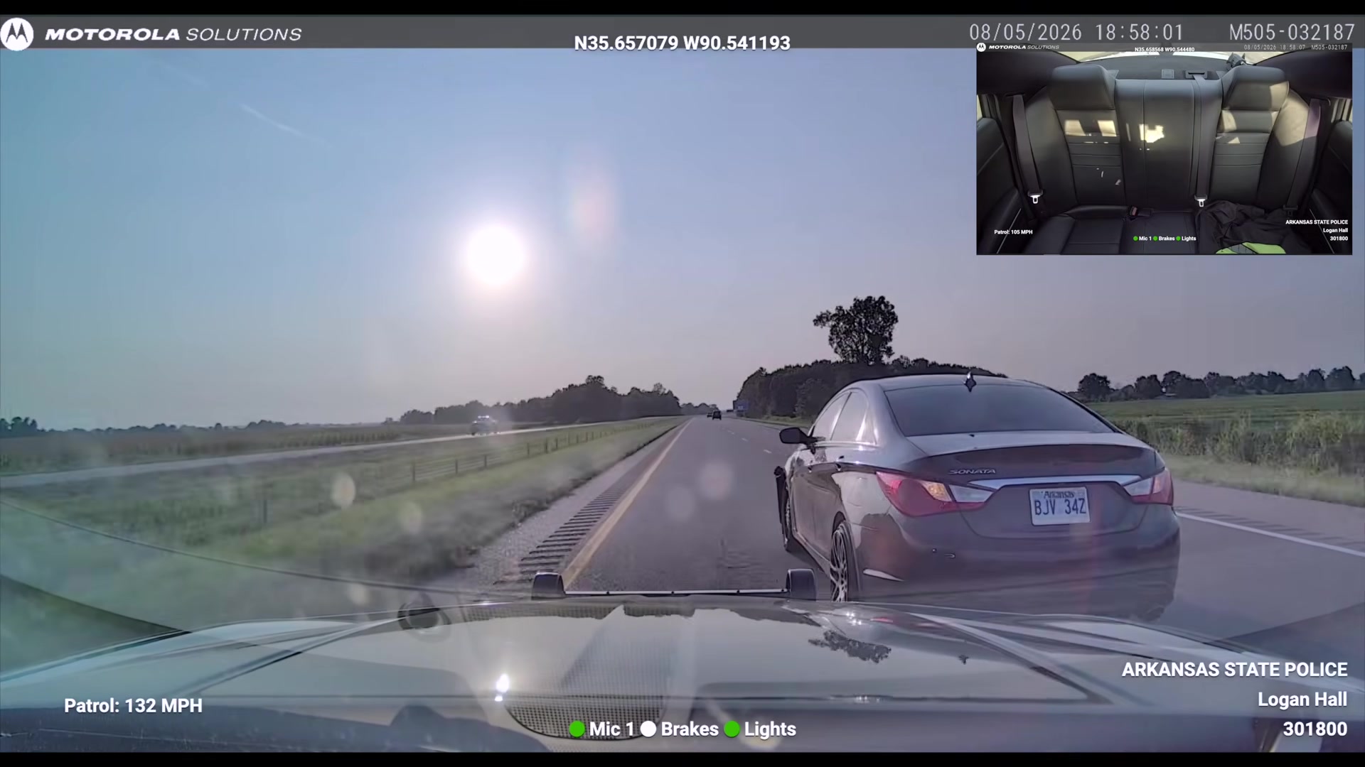 Arkansas State Police dashcam showing 132 mph during the I-555 pursuit