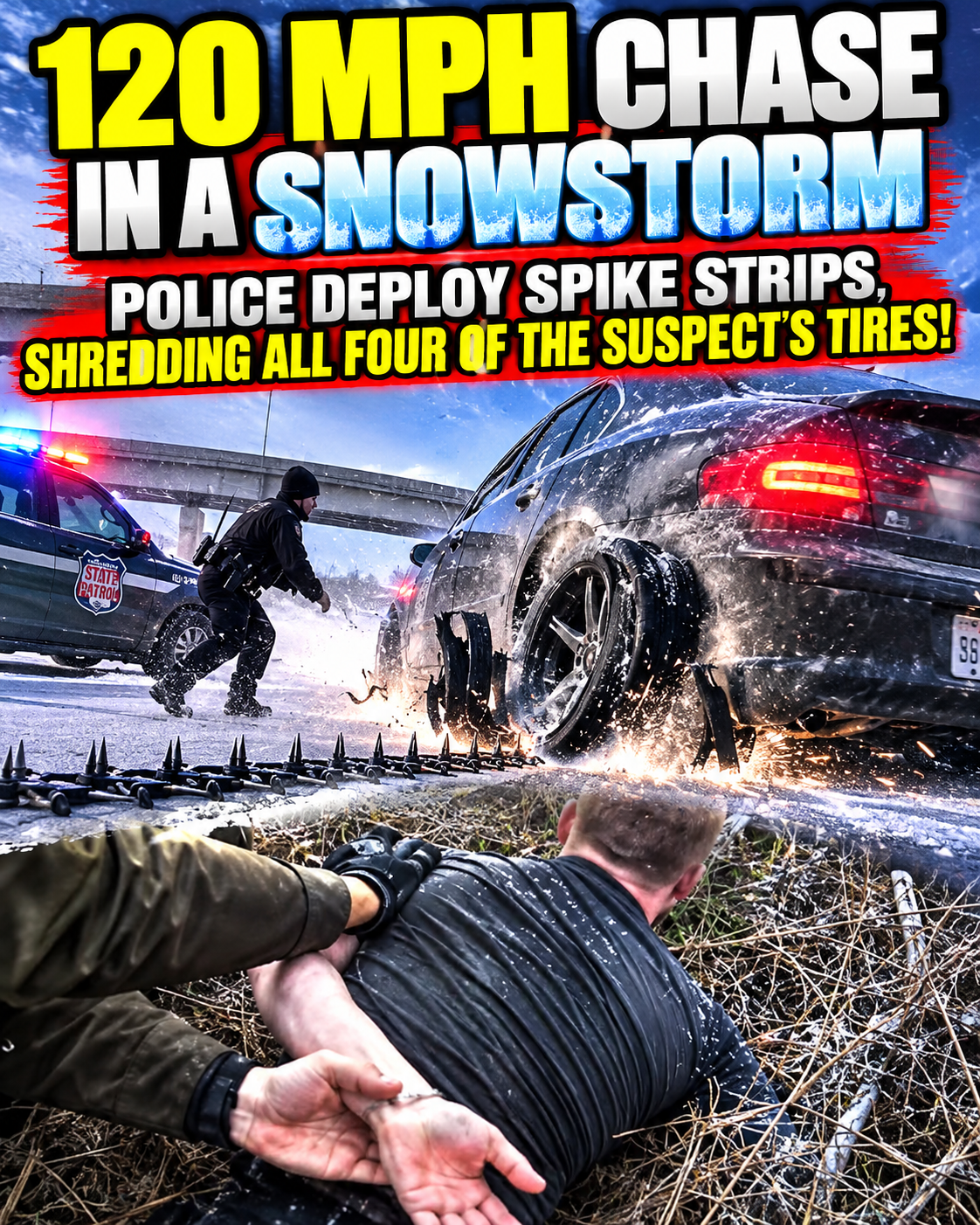 [Bodycam] 120 MPH chase in a snowstorm: Police deploy spike strips, shredding all four of the suspect's tires!