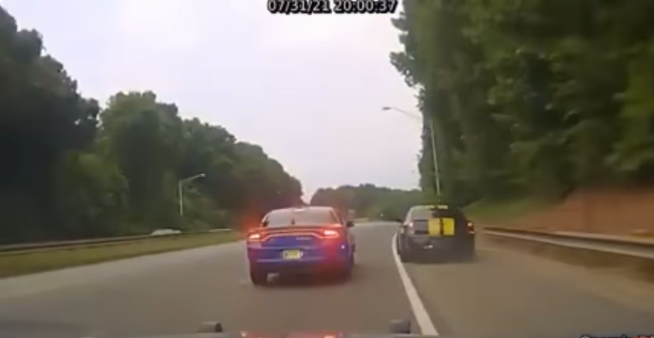 Georgia DPS dash-camera frame dated July 31, 2021 showing the striped vehicle during the pursuit