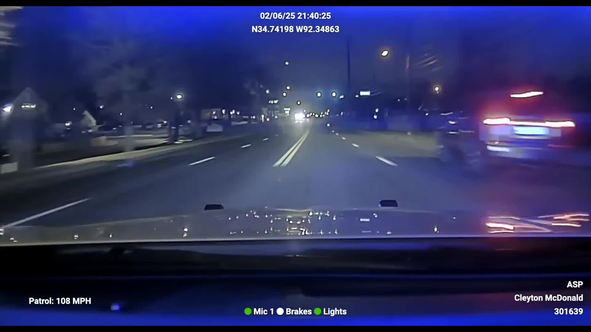 Arkansas State Police dashcam showing 108 mph during the February 6 2025 motorcycle pursuit