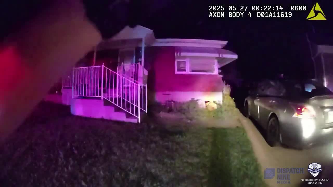 Salt Lake City police bodycam frame outside the Judith Street residence on May 27, 2025
