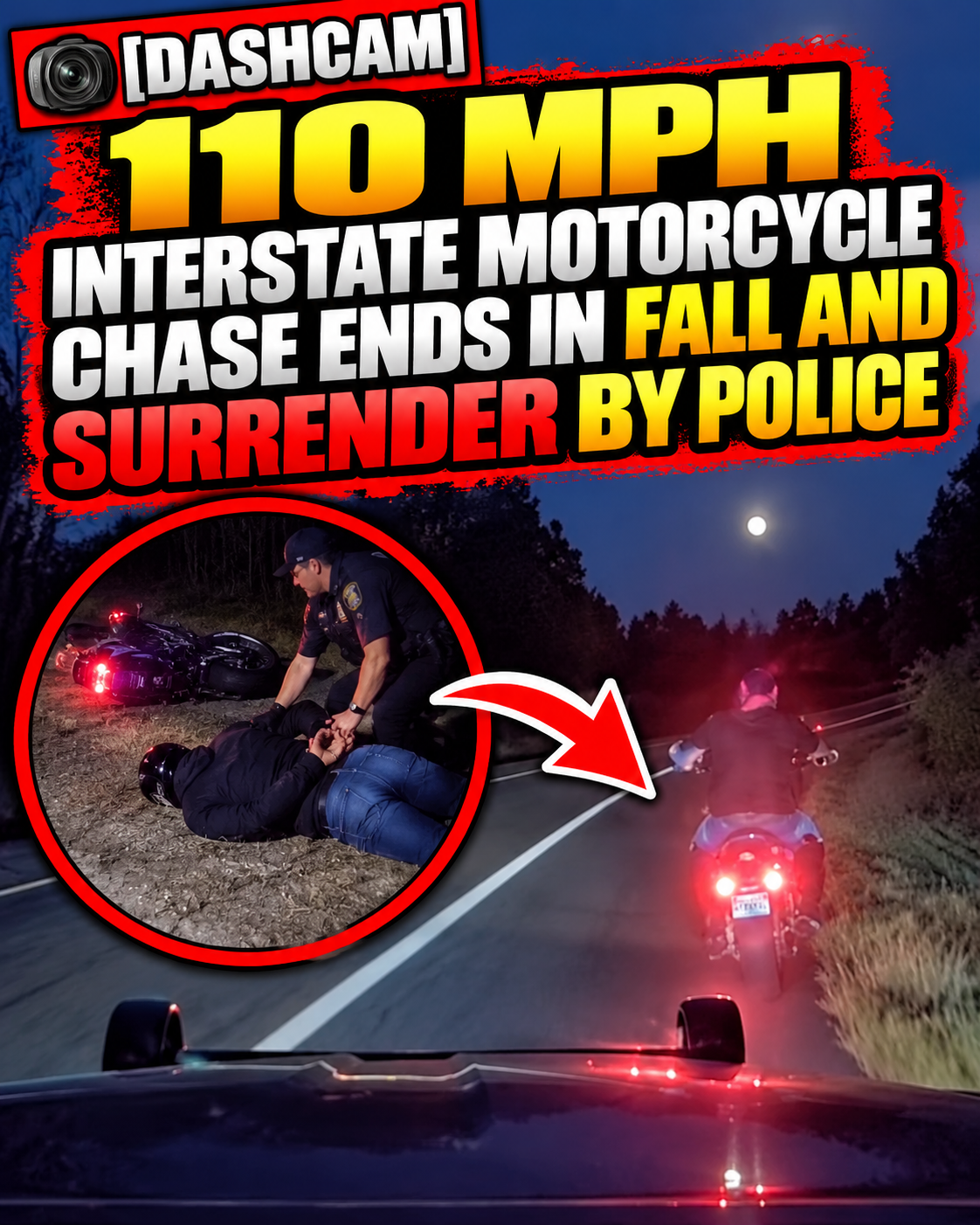 [DASHCAM]  110 MPH Interstate Motorcycle Chase Ends in Fall and Surrender by Police