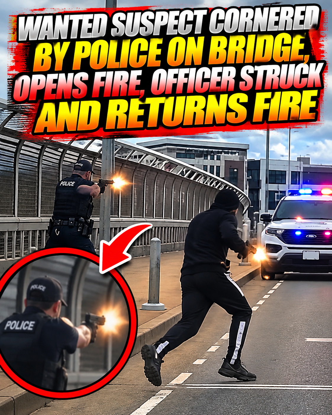 Wanted Suspect Cornered by Police on Bridge, Opens Fire, Officer Struck and Returns Fire
