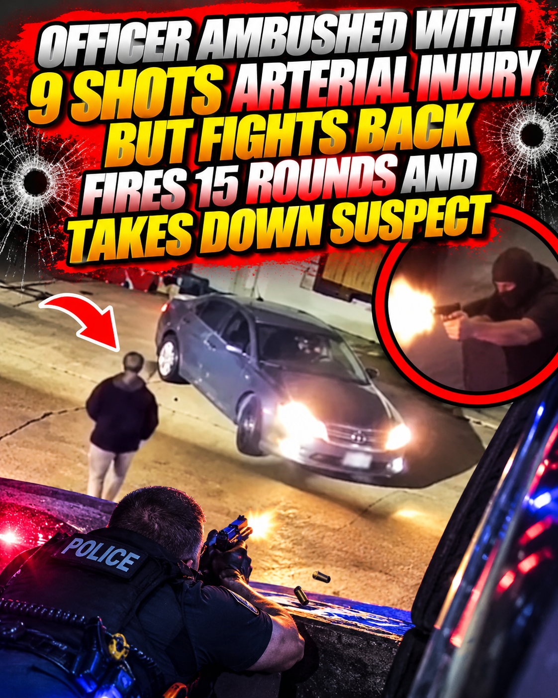 OFFICER AMBUSHED WITH 9 SHOTS ARTERIAL INJURY BUT FIGHTS BACK FIRES 15 ROUNDS AND TAKES DOWN SUSPECa