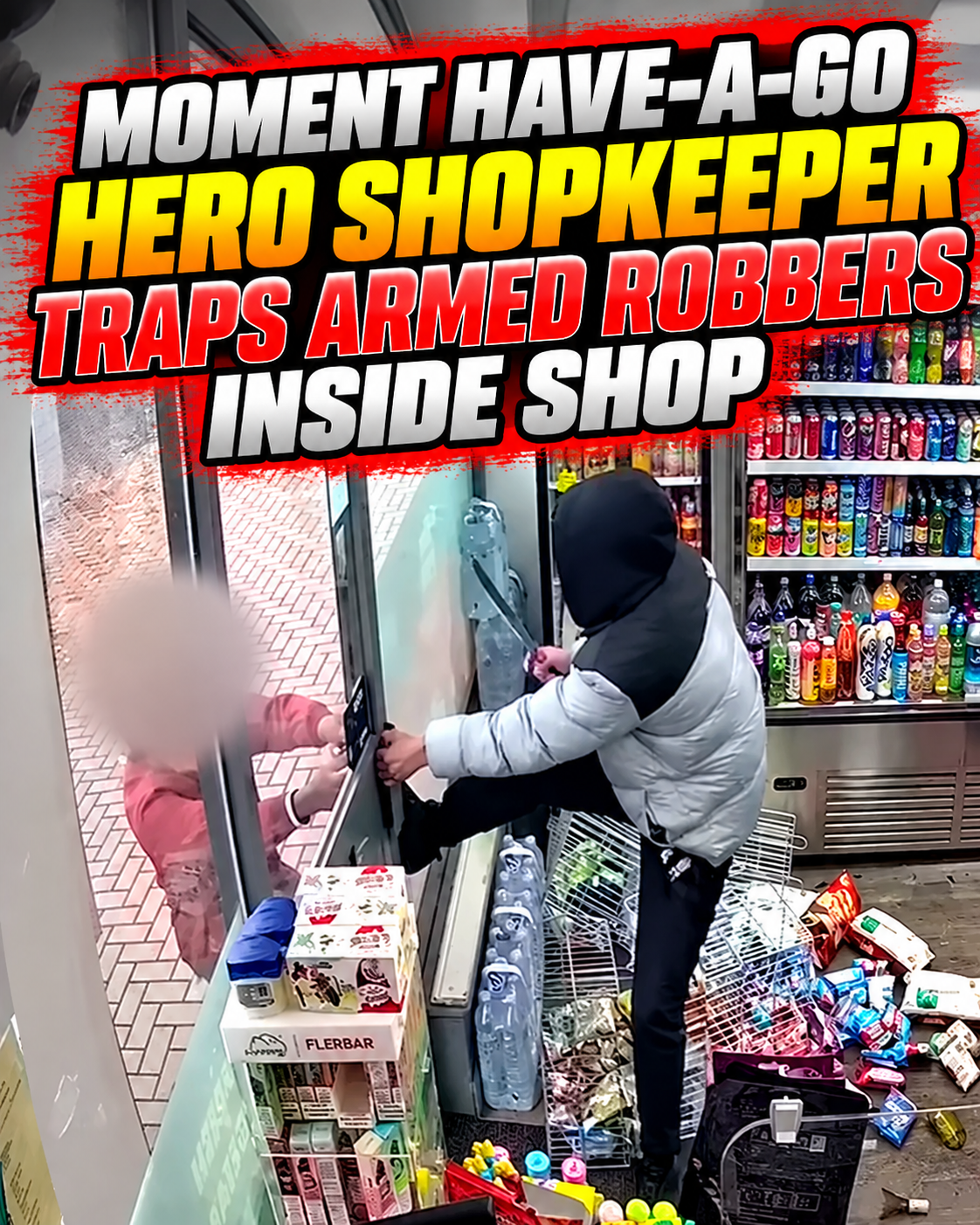Moment Have-A-Go Hero Shopkeeper Traps Armed Robbers Inside Shop