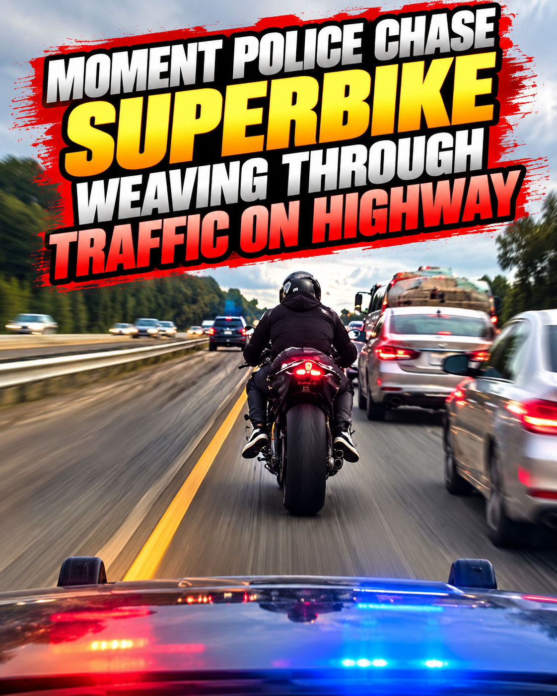 Moment Police Chase Superbike Weaving Through Traffic on Highway