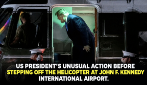 US PRESIDENT'S UNUSUAL ACTION BEFORE STEPPING OFF THE HELICOPTER AT JOHN F. KENNEDY INTERNATIONAL AIRPORT.