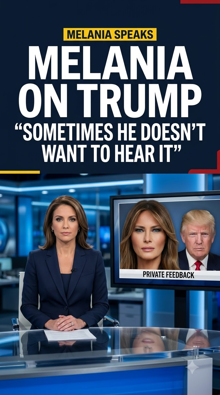 News-style graphic about Melania Trump discussing Donald Trump