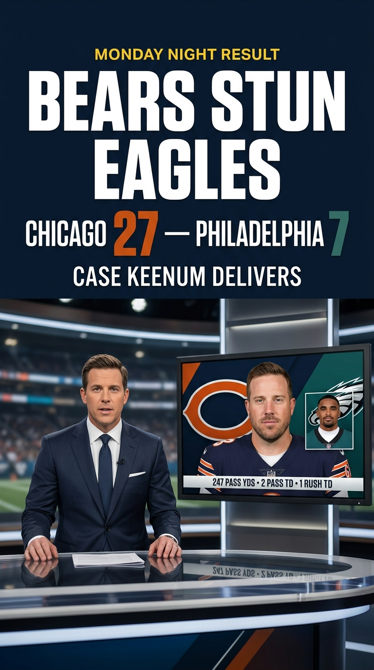 News-style Bears vs Eagles Monday Night Football result graphic