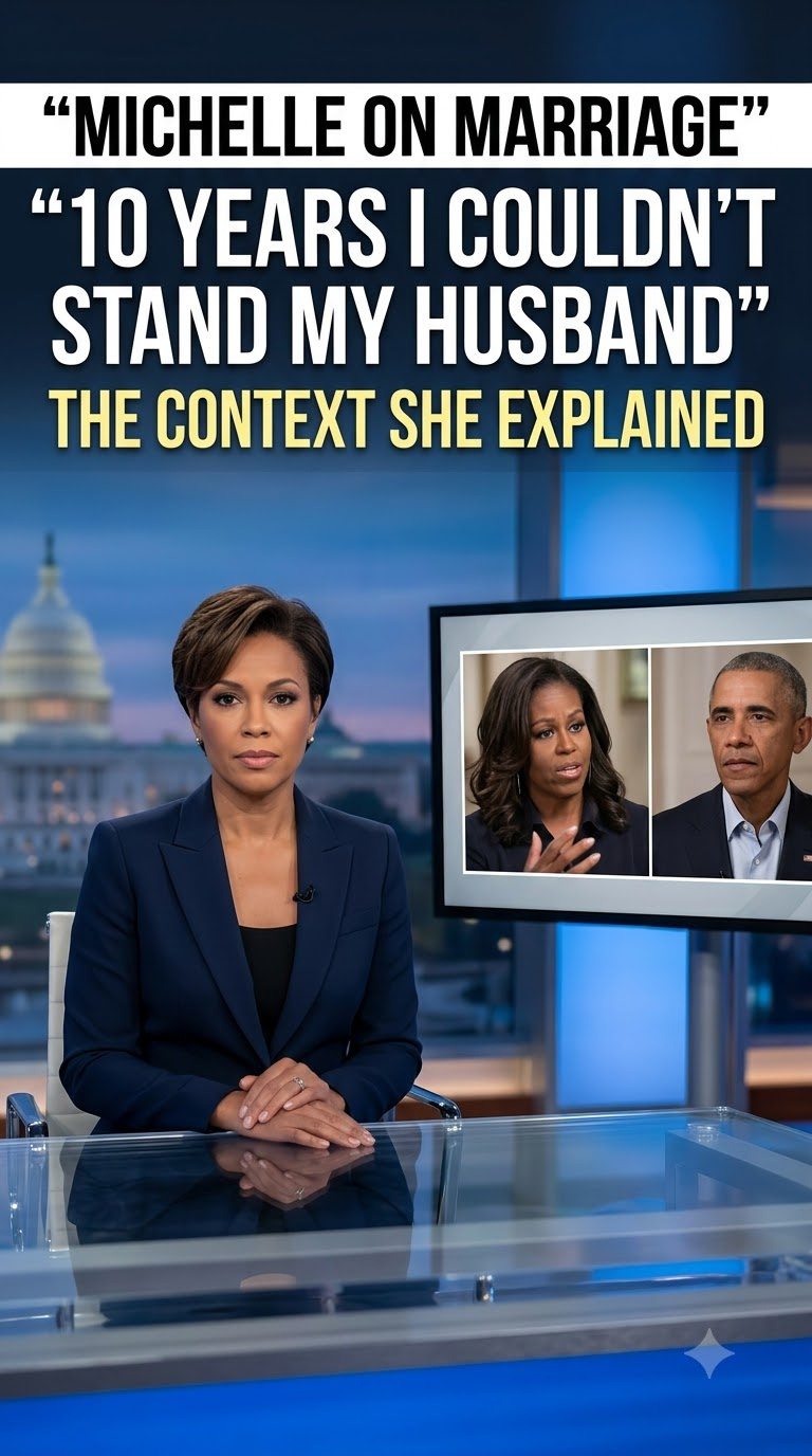 News-style graphic about Michelle Obama discussing marriage to Barack Obama