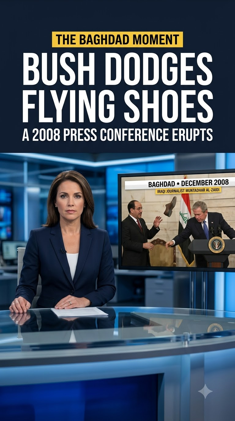 News-style graphic about George W. Bush dodging shoes in Baghdad in 2008