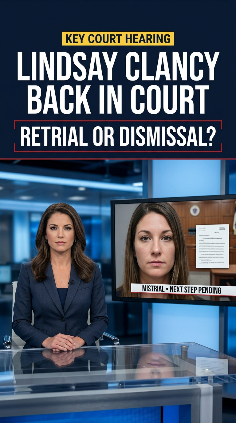 News-style graphic about Lindsay Clancy returning to court after a mistrial