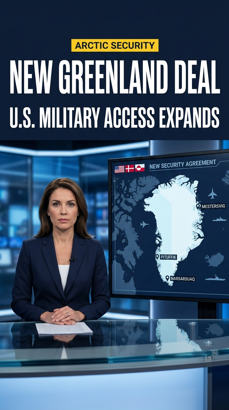 News-style graphic about the new Greenland security agreement and expanded U.S. military access