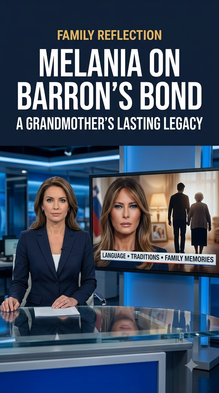 News-style graphic about Melania Trump, Barron Trump and Amalija Knavs