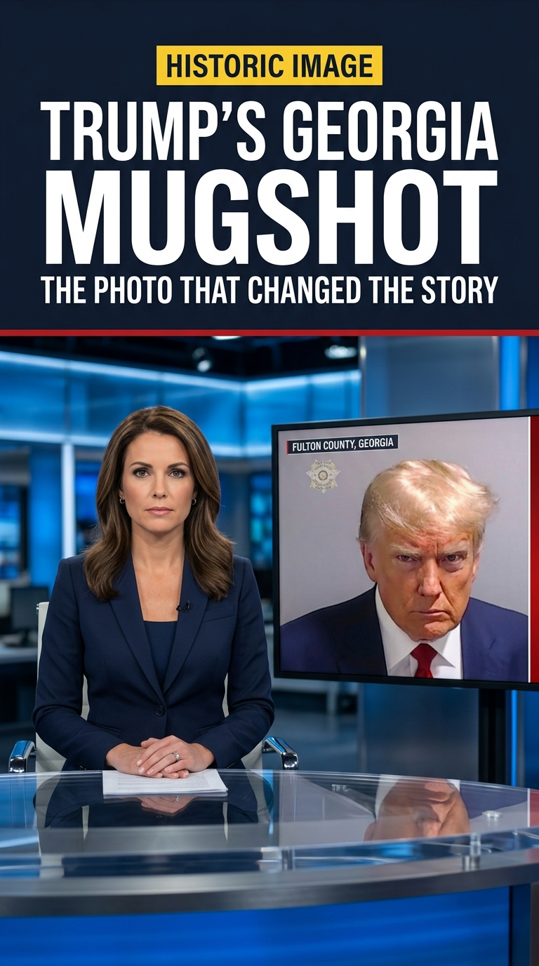 News-style graphic about Donald Trump's Georgia mug shot